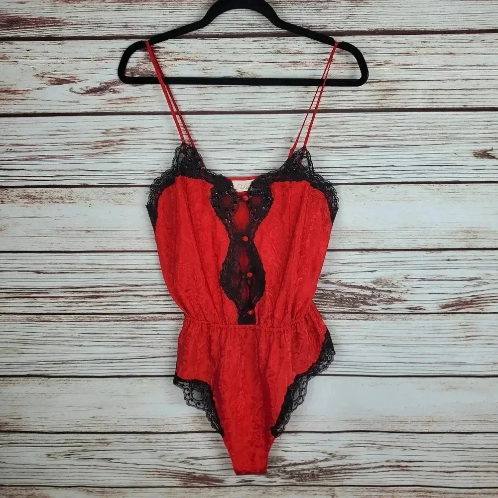 Delicates Womens Small Vintage Red&Black Floral Satin&Lace Teddy Bodysuit